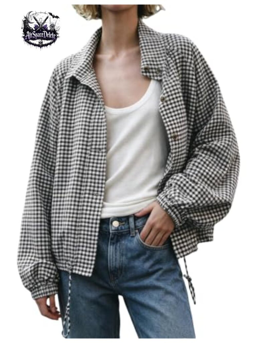 Plaid Bomber Jacket Cropped Gingham Button Front Collared Batwing Sleeve